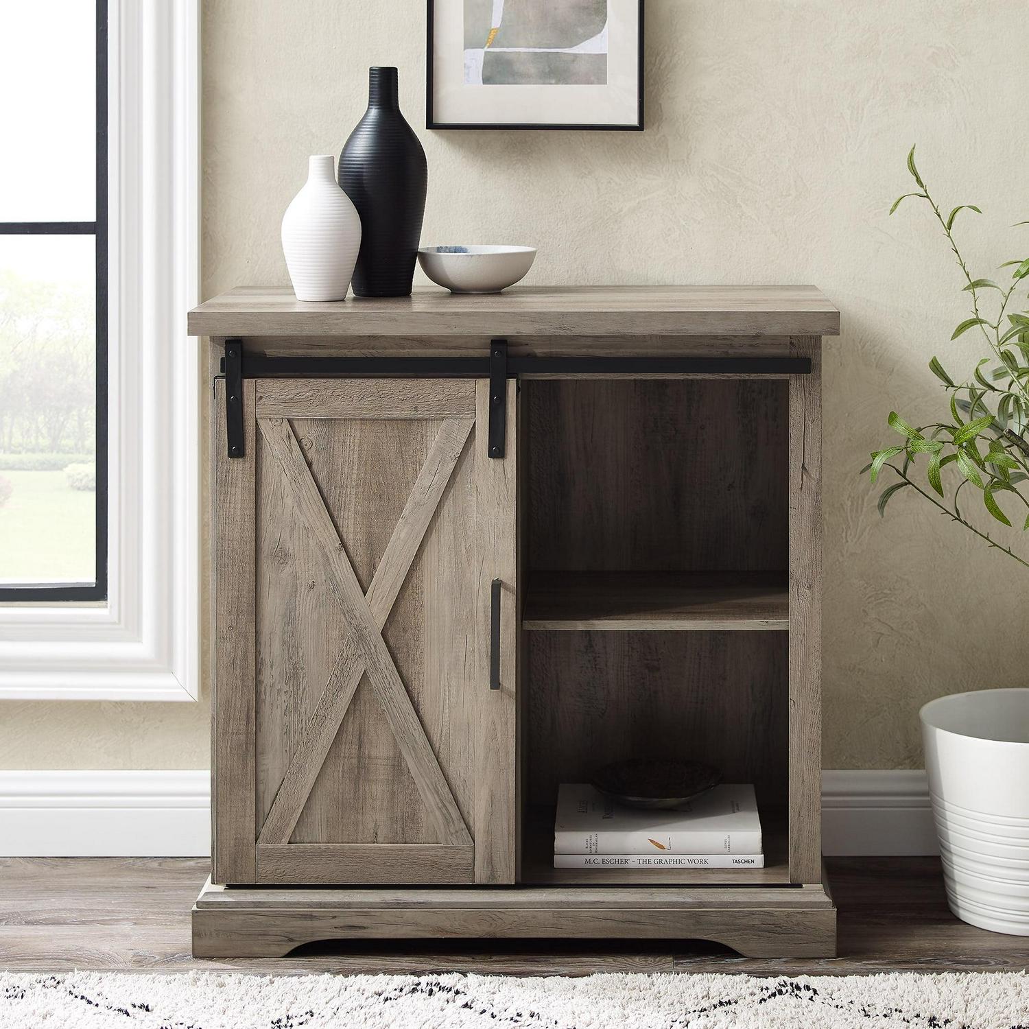 Walker Edison Sliding Barn Door Accent Cabinet, Grey Wash - Image 3