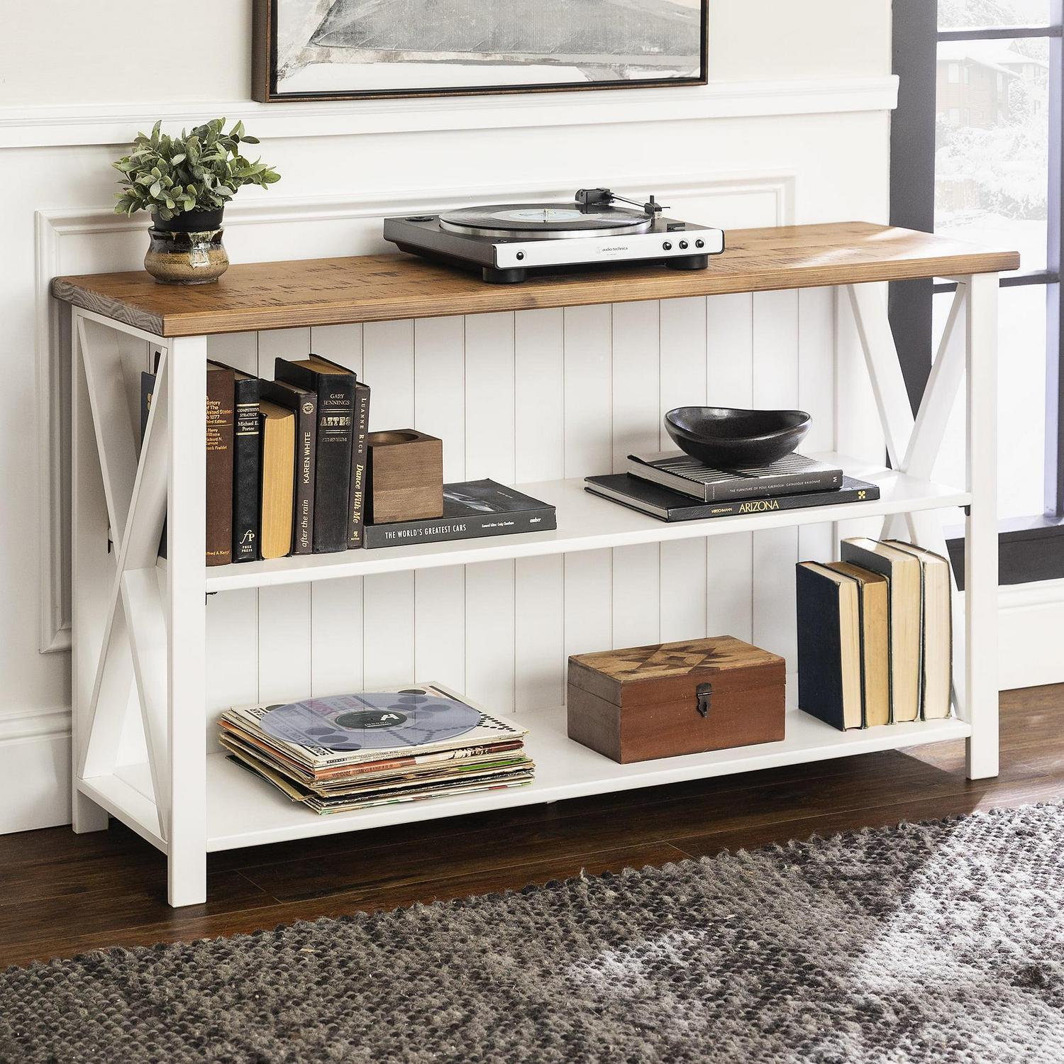 Walker Edison Modern Farmhouse Solid Wood Storage Console Table, White/Reclaimed Barnwood