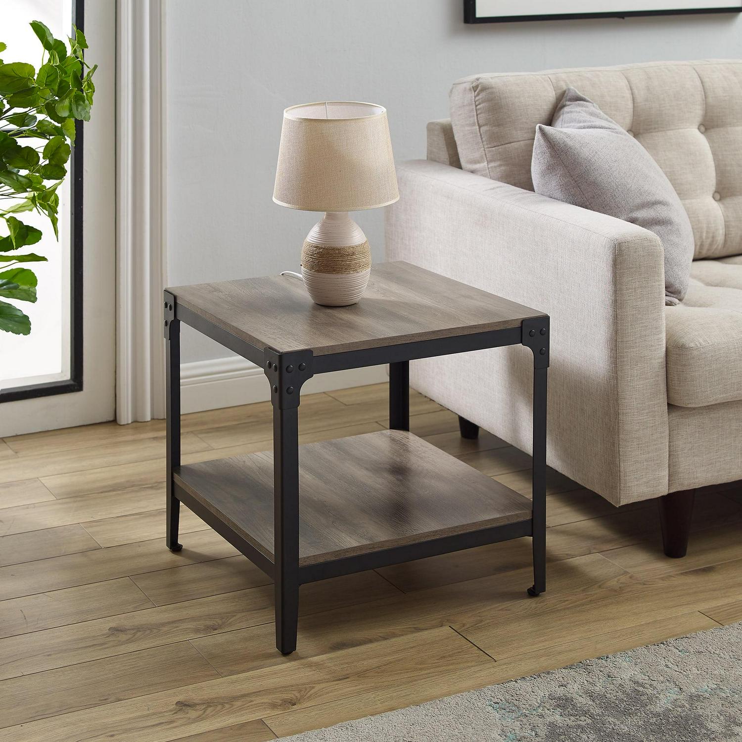 Walker Edison Wilson Riveted End Tables, Grey Wash, Set of 2