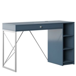 Twin Star Home Writing Desk with USB Charging Ports and Open Side Shelves in Fontana Blue