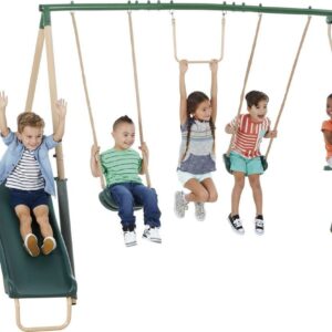 XDP Recreation Central Park Metal Swing Set with 2 Swing Seats, Trapeze Bar, Fun Glider for 2, & Wave Slide