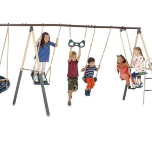XDP Recreation Deerfield Metal Swing Set with Super Disc Swing, 6-ft Slide, Fun Glider & See-Saw