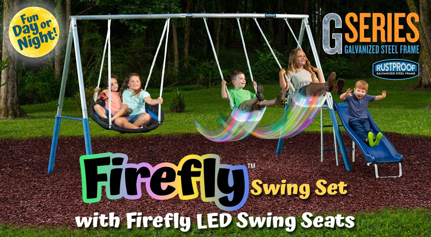 XDP Recreation Firefly Metal Frame Swing Set with 2 Firefly™-LED Swing Seats, Super Disc Swing, & Wave Slide - Image 3