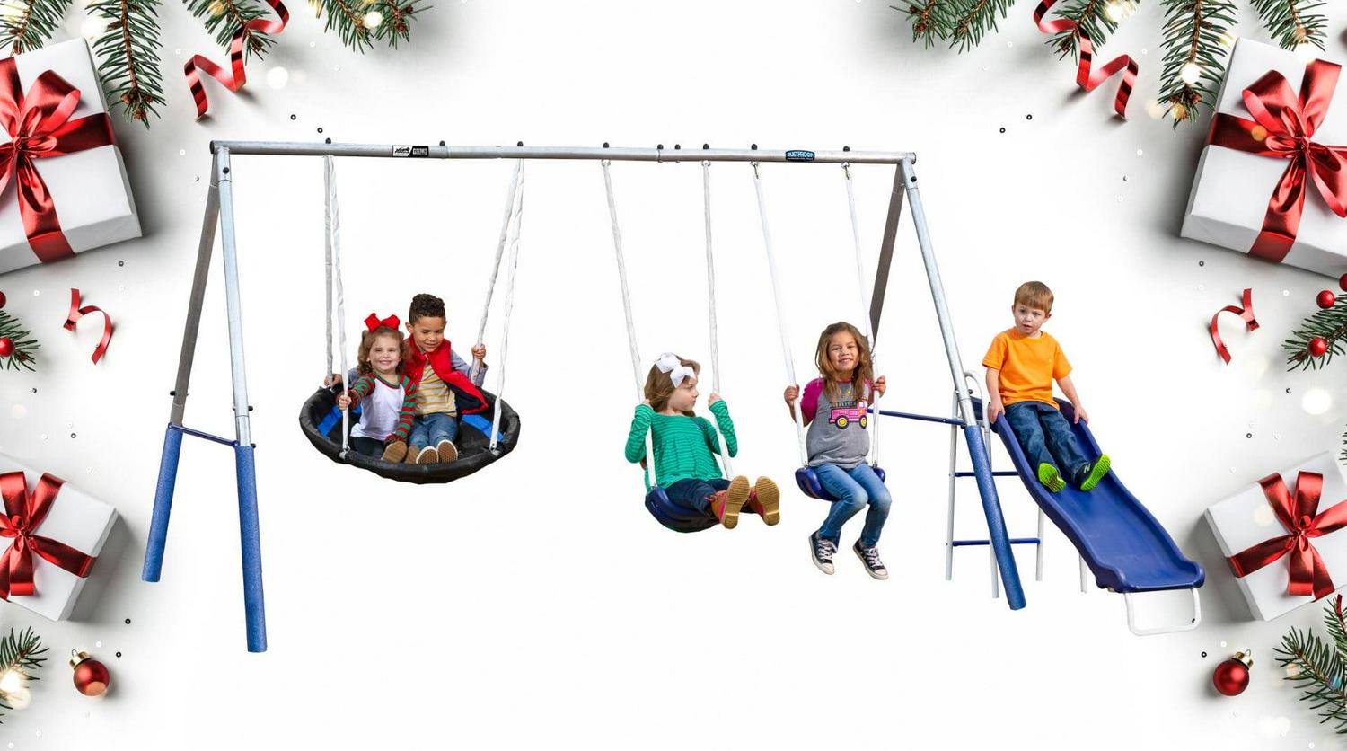 XDP Recreation Firefly Metal Frame Swing Set with 2 Firefly™-LED Swing Seats, Super Disc Swing, & Wave Slide - Image 2