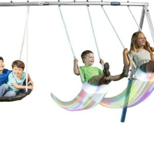 XDP Recreation Firefly Metal Frame Swing Set with 2 Firefly™-LED Swing Seats, Super Disc Swing, & Wave Slide
