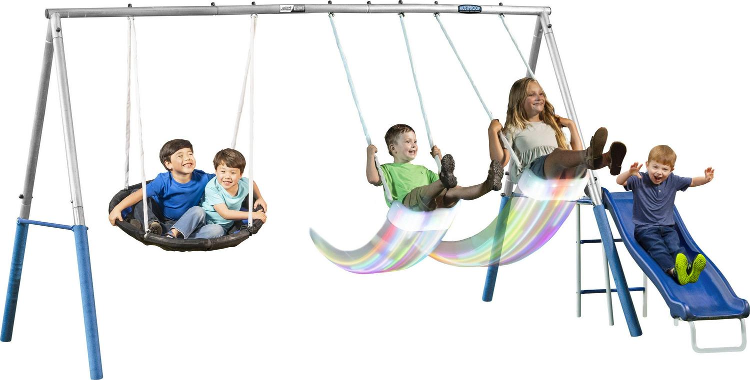 XDP Recreation Firefly Metal Frame Swing Set with 2 Firefly™-LED Swing Seats, Super Disc Swing, & Wave Slide