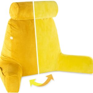 XXL Husband Pillow Aspen Edition - Adult Reading Bed Rest Pillow with Arms & Detach Neck Roll on Bungee Cord - Premium Memory Foam, Reversible 2 Sided Covers Micro Suede or Plush, Gold Rush