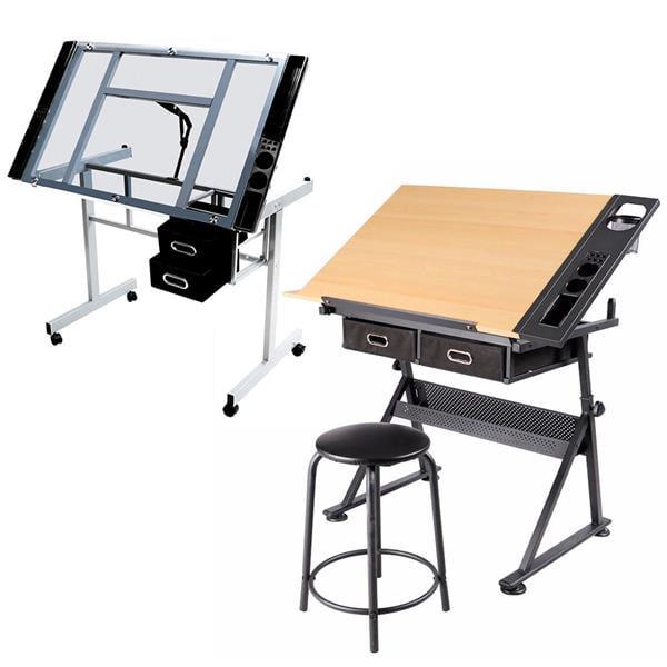 Renwick Adjustable Drafting Drawing Desk Tempered Glass Top, Silver - Image 5