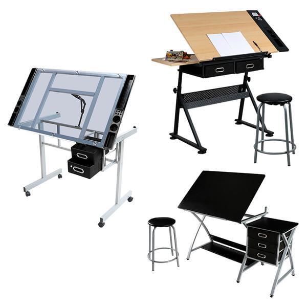 Renwick Adjustable Drafting Drawing Desk Tempered Glass Top, Silver - Image 3