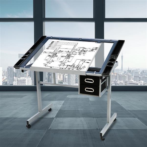 Renwick Adjustable Drafting Drawing Desk Tempered Glass Top, Silver