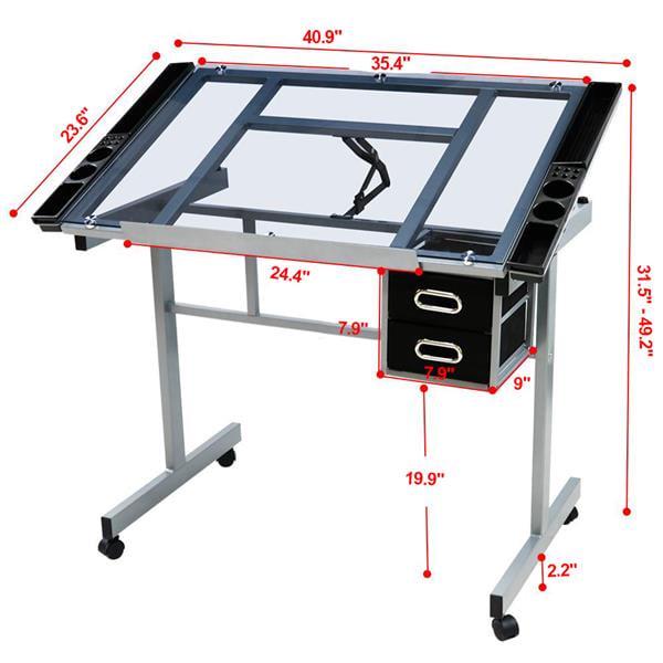 Renwick Adjustable Drafting Drawing Desk Tempered Glass Top, Silver - Image 4