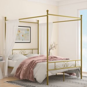 Yoneston 4-Post Metal Canopy Bed Frame Strong Metal Slat Support Mattress Foundation, Full, Gold
