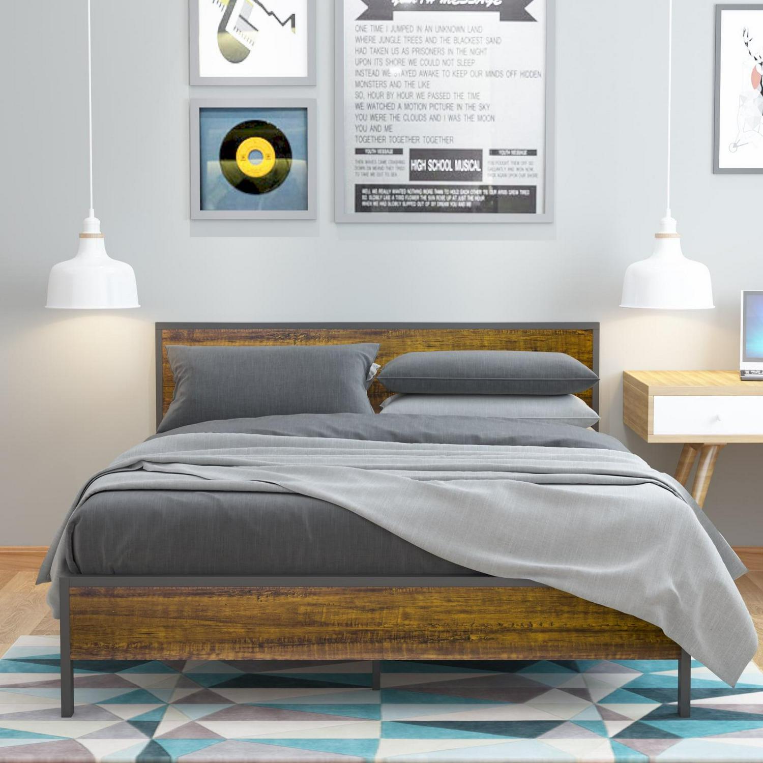 Yoneston Idustrial Metal Platform Bed Frame with Wood Headboard Full Size