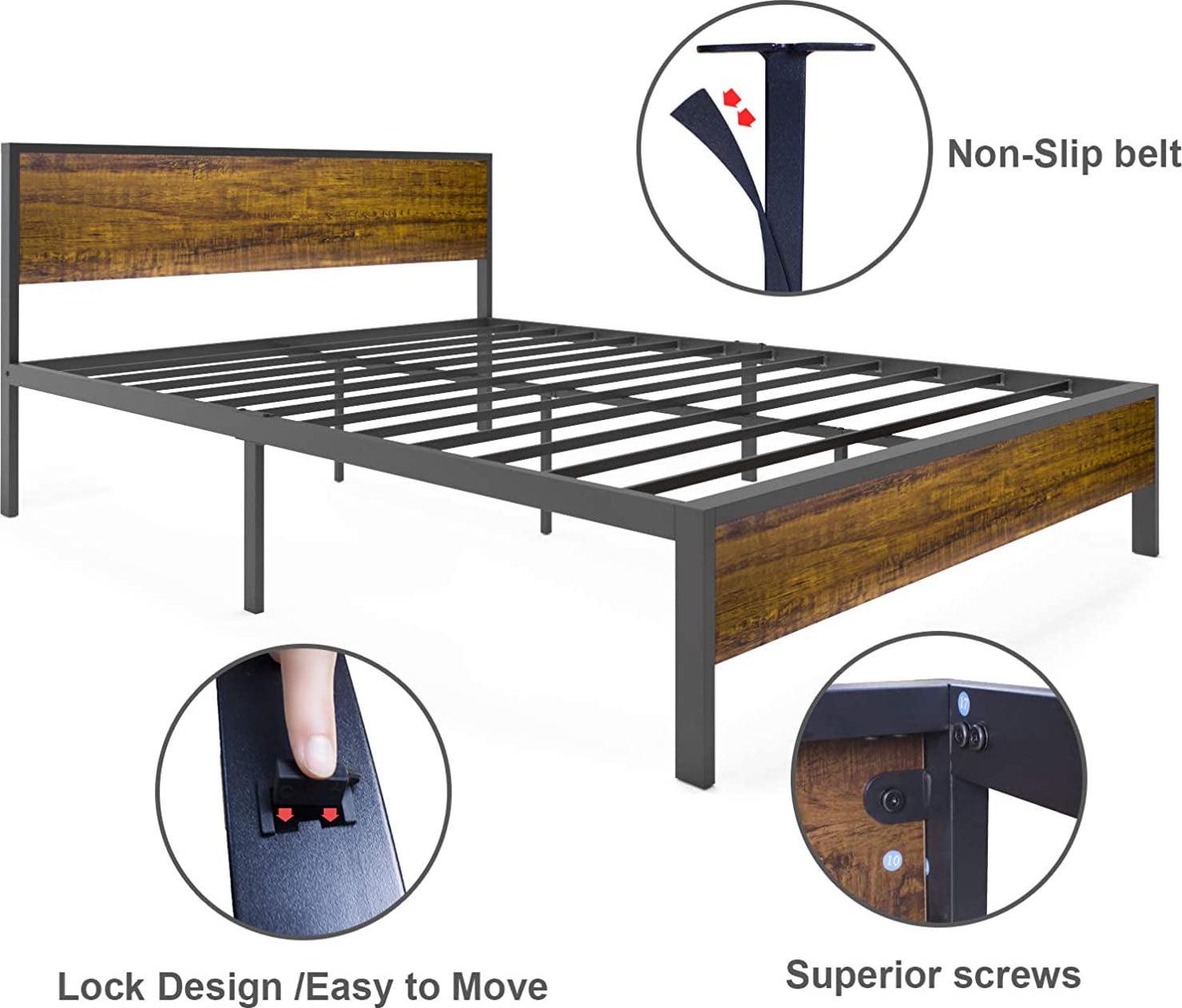Yoneston Idustrial Metal Platform Bed Frame with Wood Headboard Full Size - Image 2