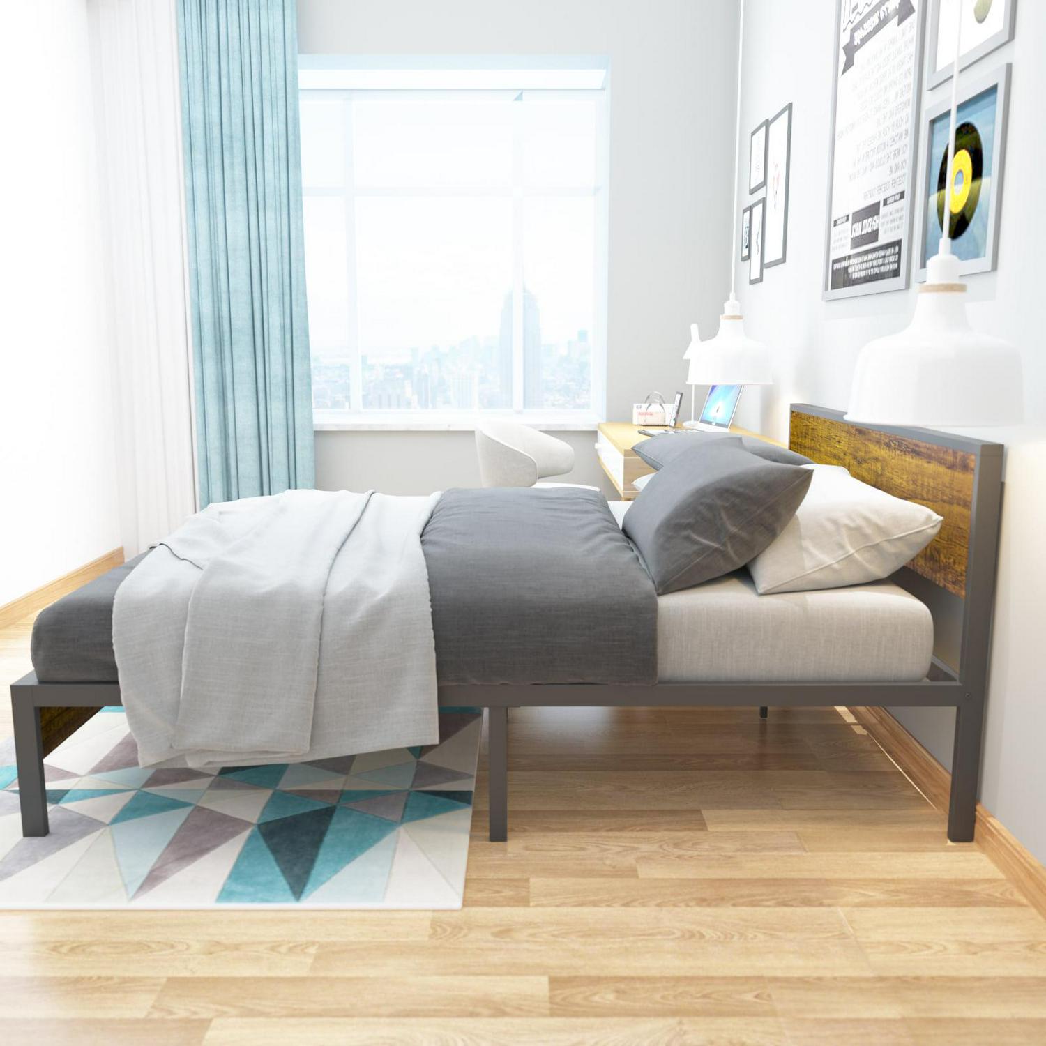 Yoneston Idustrial Metal Platform Bed Frame with Wood Headboard Full Size - Image 9