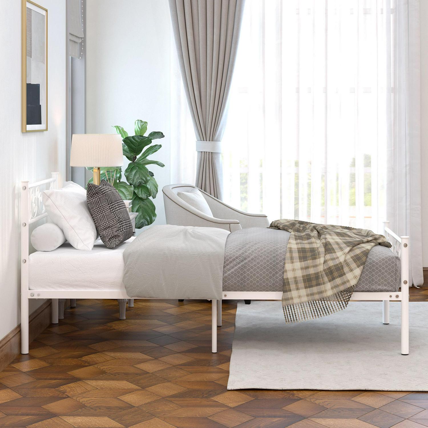 Yoneston Metal Platform Bed Frame Twin Size Single Bed frame with Wave Headboard & Footboard for Adult Bedroom Furniture, White - Image 7