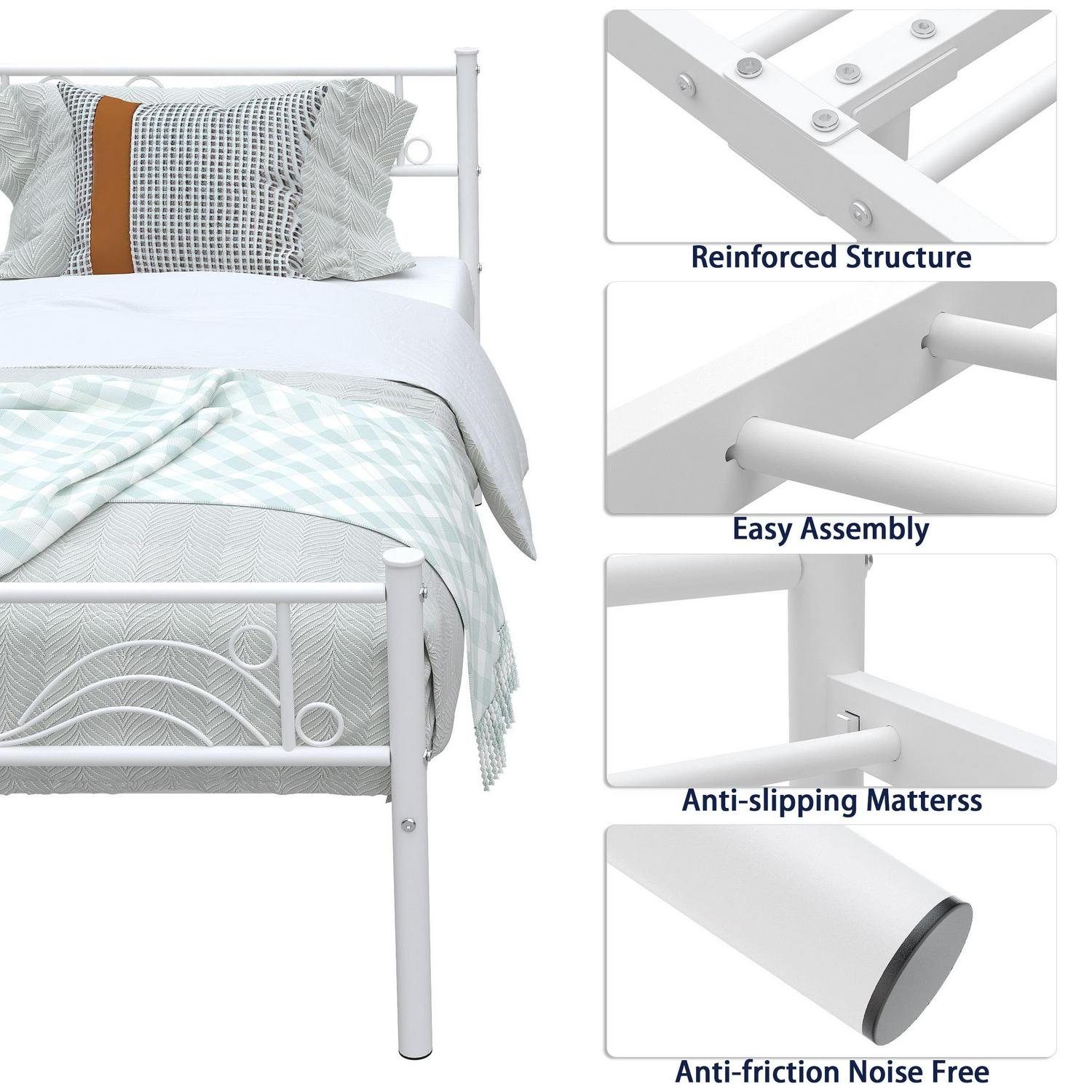 Yoneston Metal Platform Bed Frame Twin Size Single Bed frame with Wave Headboard & Footboard for Adult Bedroom Furniture, White - Image 4