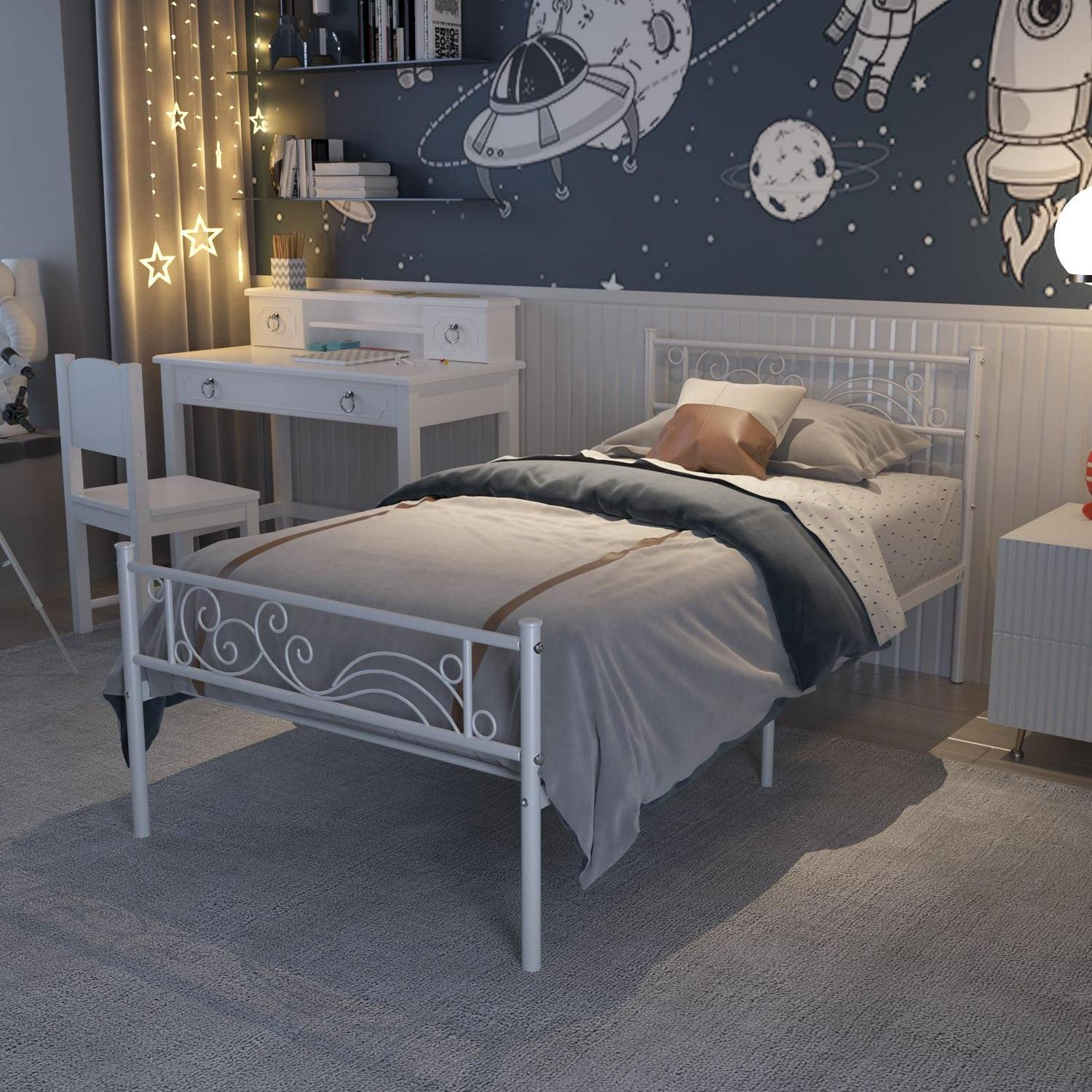 Yoneston Metal Platform Bed Frame Twin Size Single Bed frame with Wave Headboard & Footboard for Adult Bedroom Furniture, White - Image 8