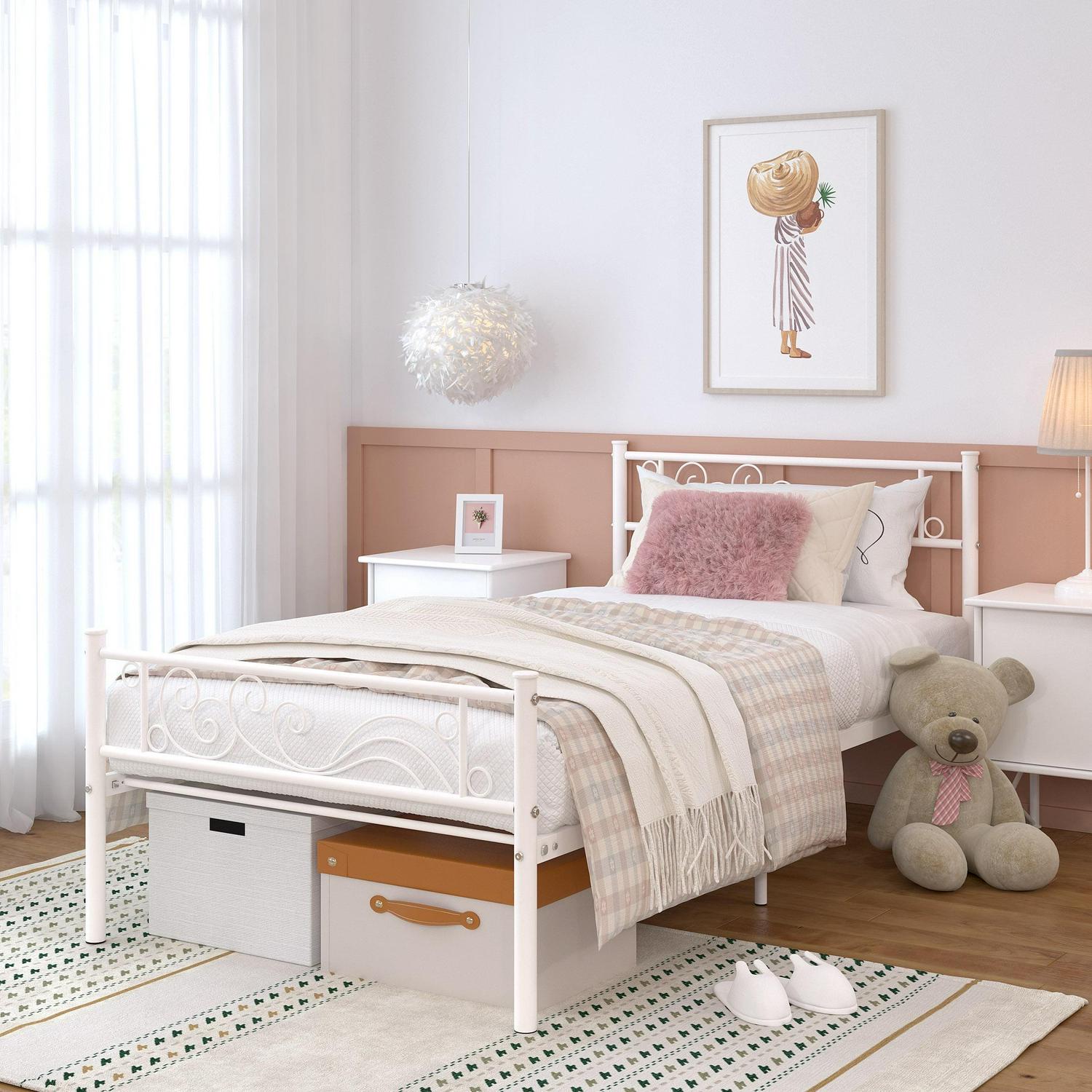 Yoneston Metal Platform Bed Frame Twin Size Single Bed frame with Wave Headboard & Footboard for Adult Bedroom Furniture, White - Image 2