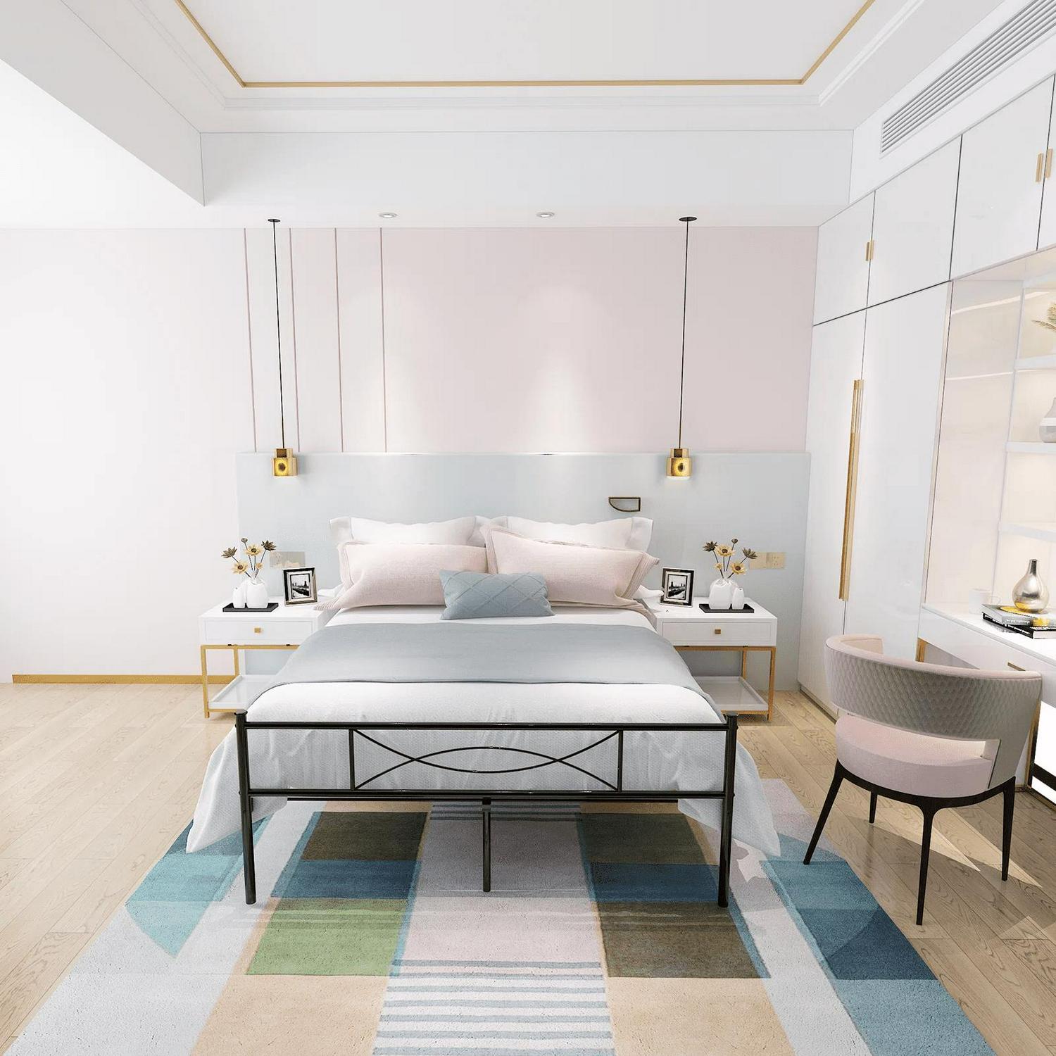 Yoneston Queen Size Metal Bed Bedroom Mattress Platform Foundation with Headboard - Image 3