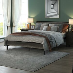 Yoneston Retro Queen Metal and Wood 14" Platform Bed with Headboard for Adults, Heavy Duty Metal Bed Frame with Metal Slat Support, Black Oak