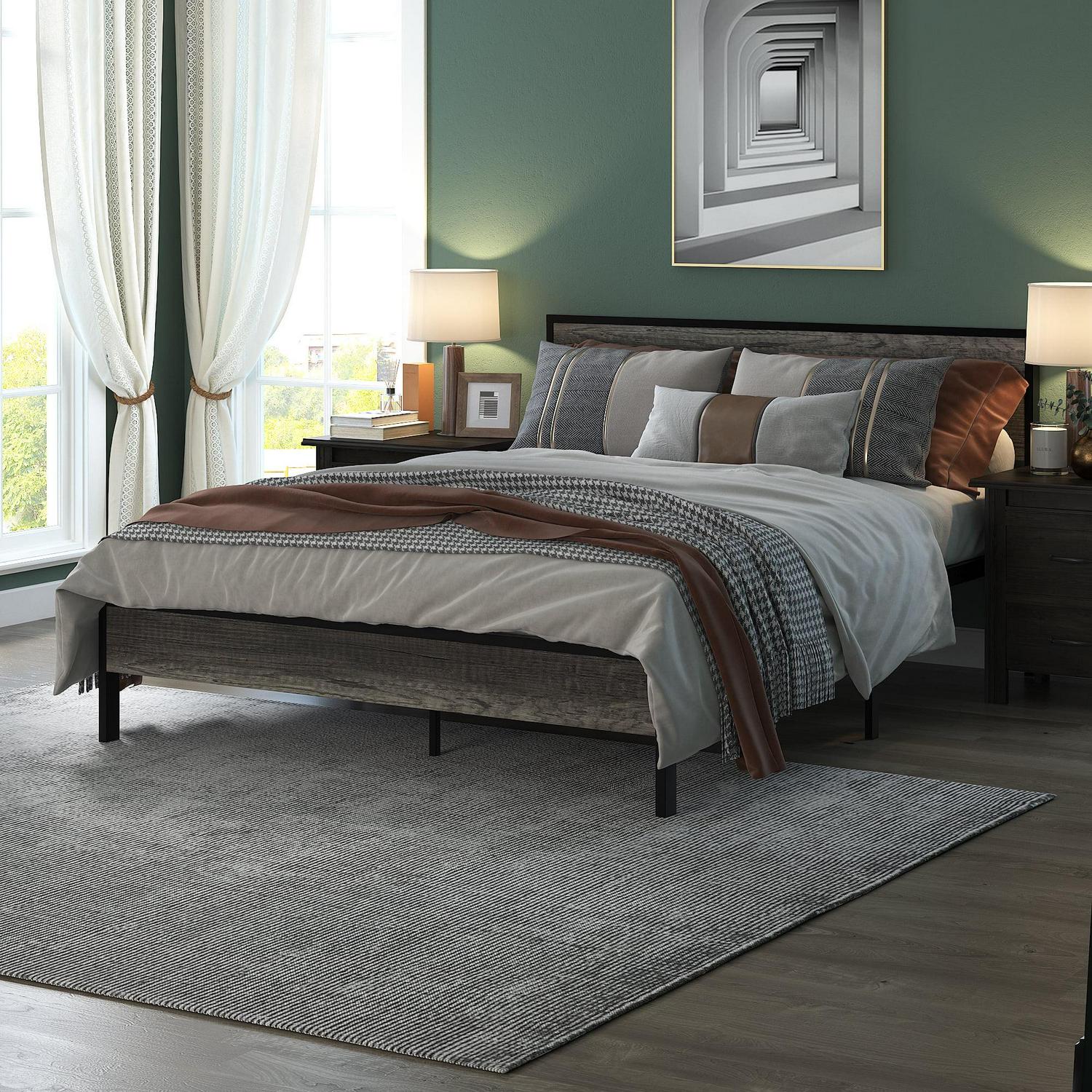 Yoneston Retro Queen Metal and Wood 14" Platform Bed with Headboard for Adults, Heavy Duty Metal Bed Frame with Metal Slat Support, Black Oak