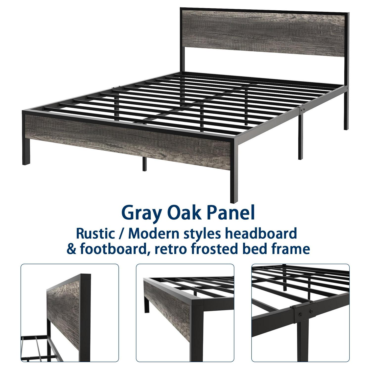 Yoneston Retro Queen Metal and Wood 14" Platform Bed with Headboard for Adults, Heavy Duty Metal Bed Frame with Metal Slat Support, Black Oak - Image 3