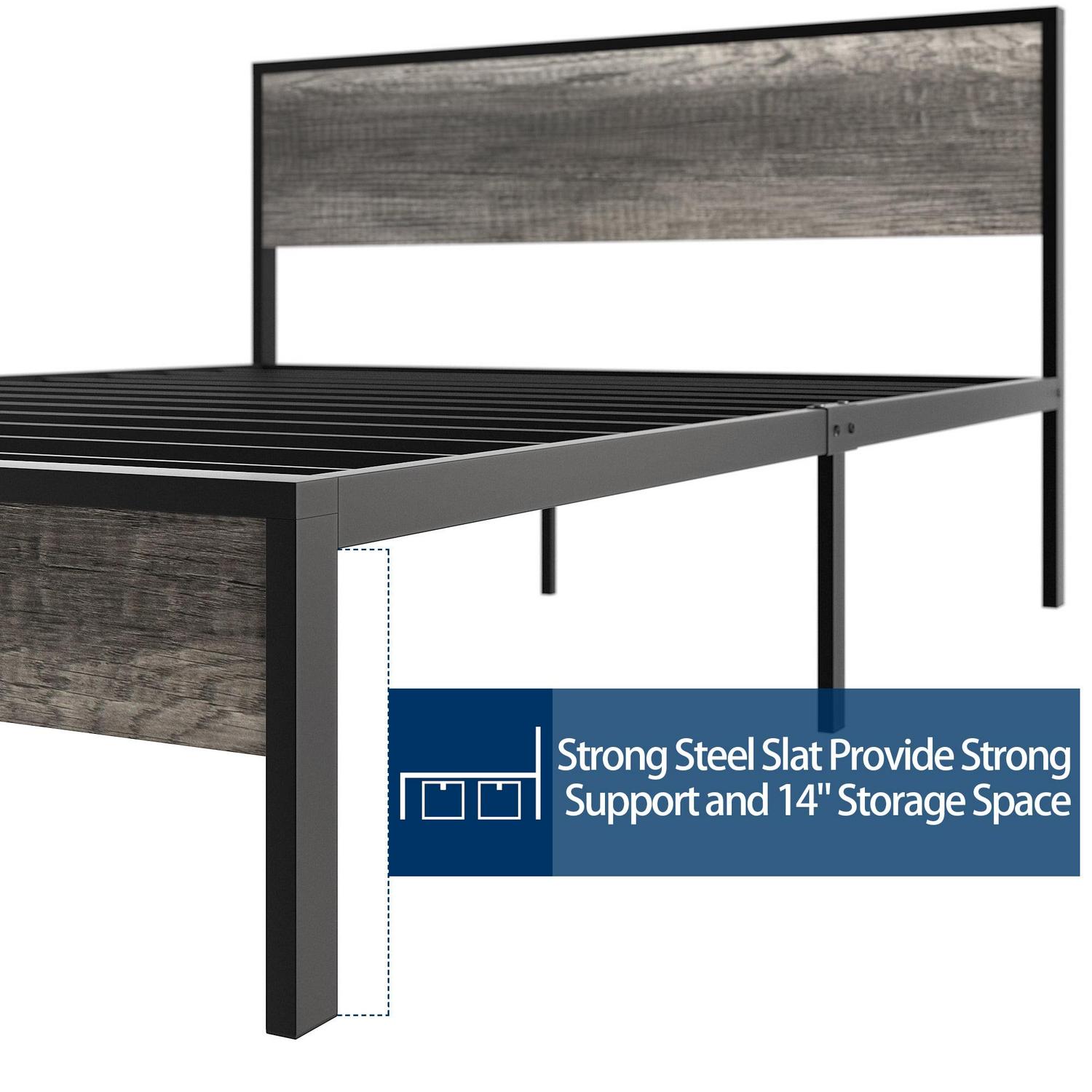 Yoneston Retro Queen Metal and Wood 14" Platform Bed with Headboard for Adults, Heavy Duty Metal Bed Frame with Metal Slat Support, Black Oak - Image 6