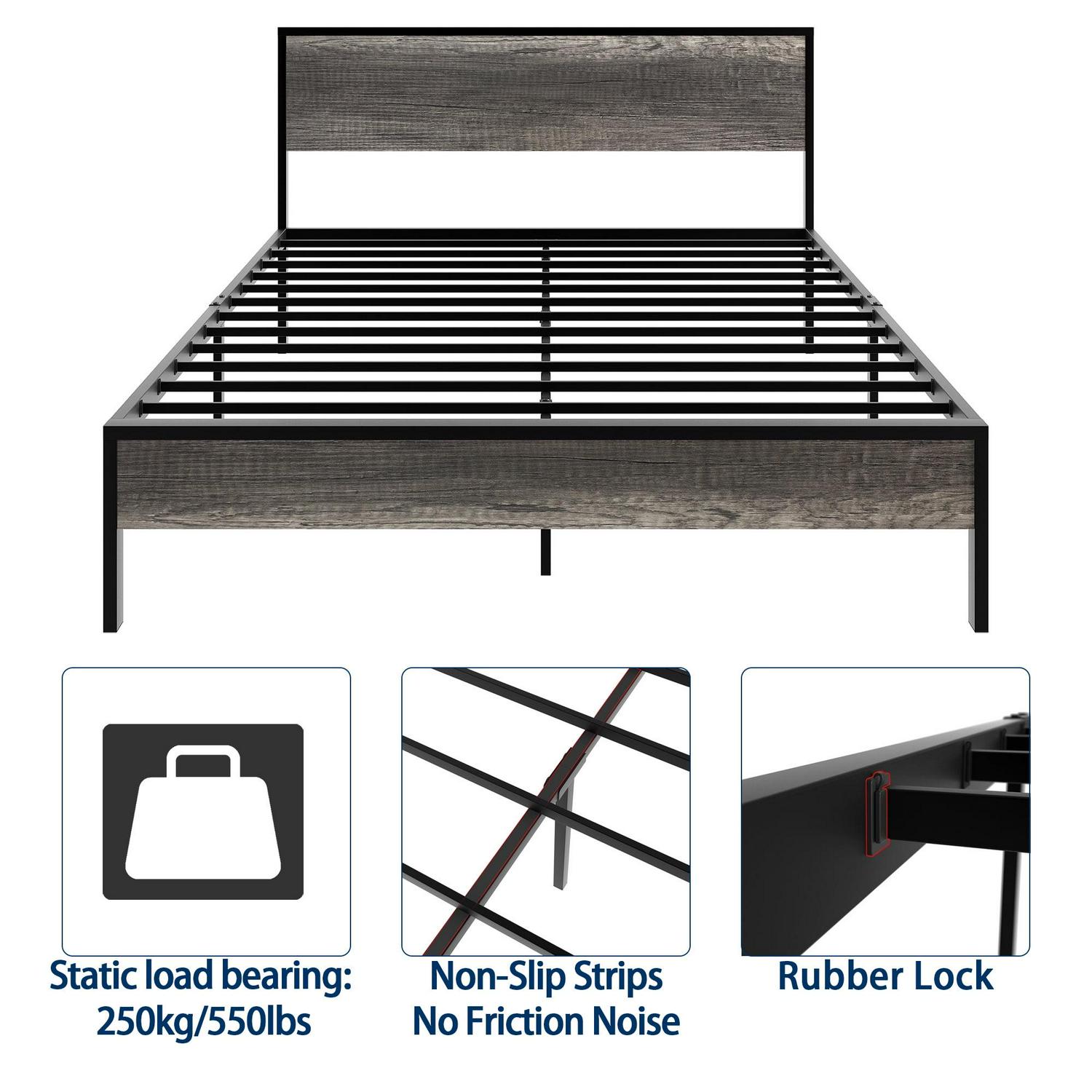 Yoneston Retro Queen Metal and Wood 14" Platform Bed with Headboard for Adults, Heavy Duty Metal Bed Frame with Metal Slat Support, Black Oak - Image 4