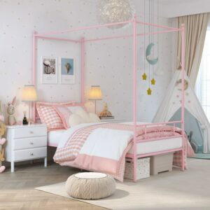 Yoneston Twin Canopy Metal Bed Frame for Girls, 2 in 1 Detachable 4-Post Single Platform Bed Frame with Headboard Footboard for Kids Adults