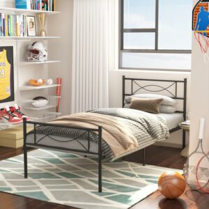 Yoneston Twin Size Metal Platform Bed Frame with Bowknot Headboard & Footboard for Kids, Black