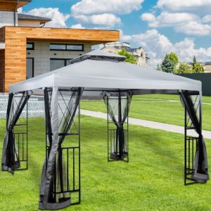 YouYeap 10' x 10' Patio Gazebo with Mosquito Net and Corner Shelves, Light Gray