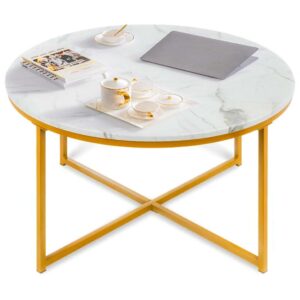 YouYeap 36in Faux Marble Modern Living Room Round Accent Side Coffee Table with Metal Frame