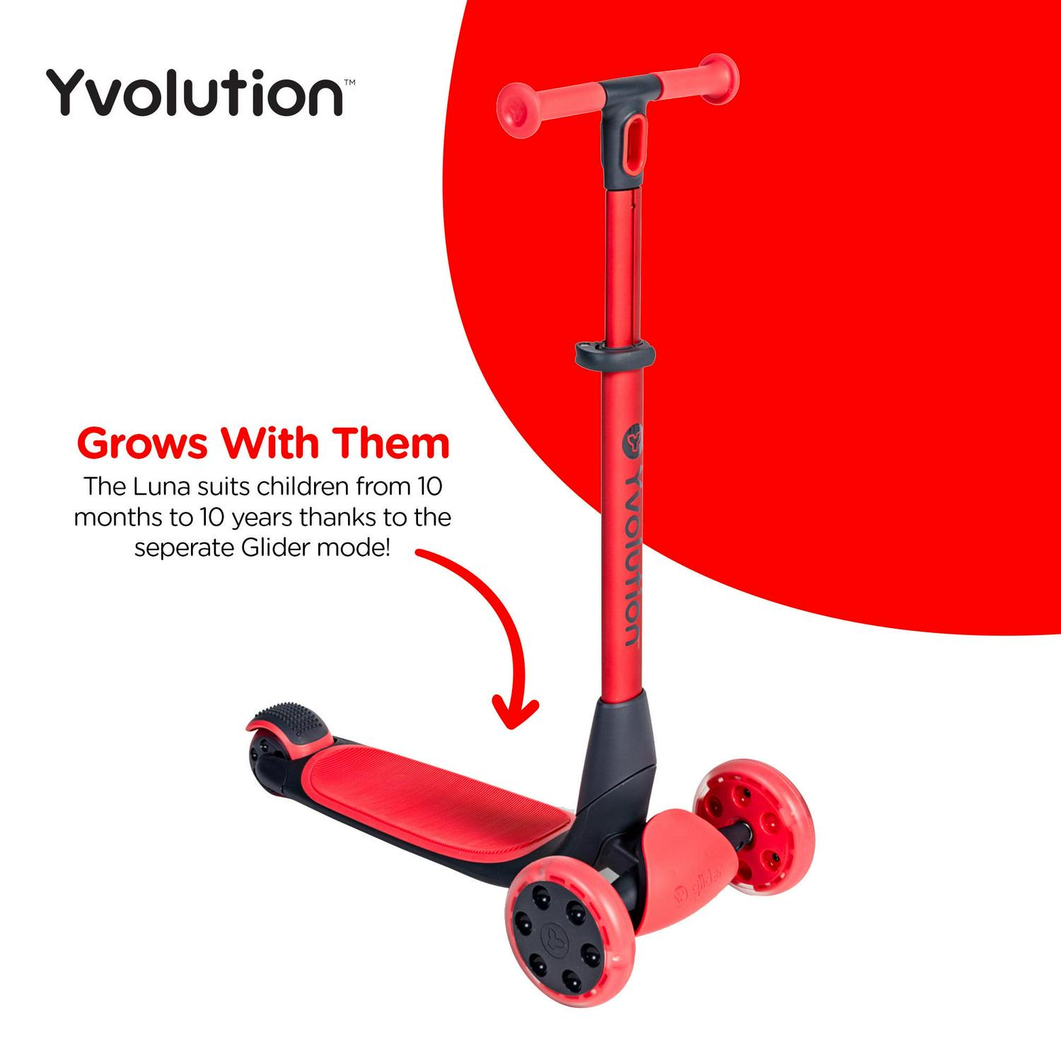 Yvolution Y Glider Luna, 3-in-1 Ride-on Toy to Kids Kick Scooter LED Light-up Wheels Red Unisex - Image 3