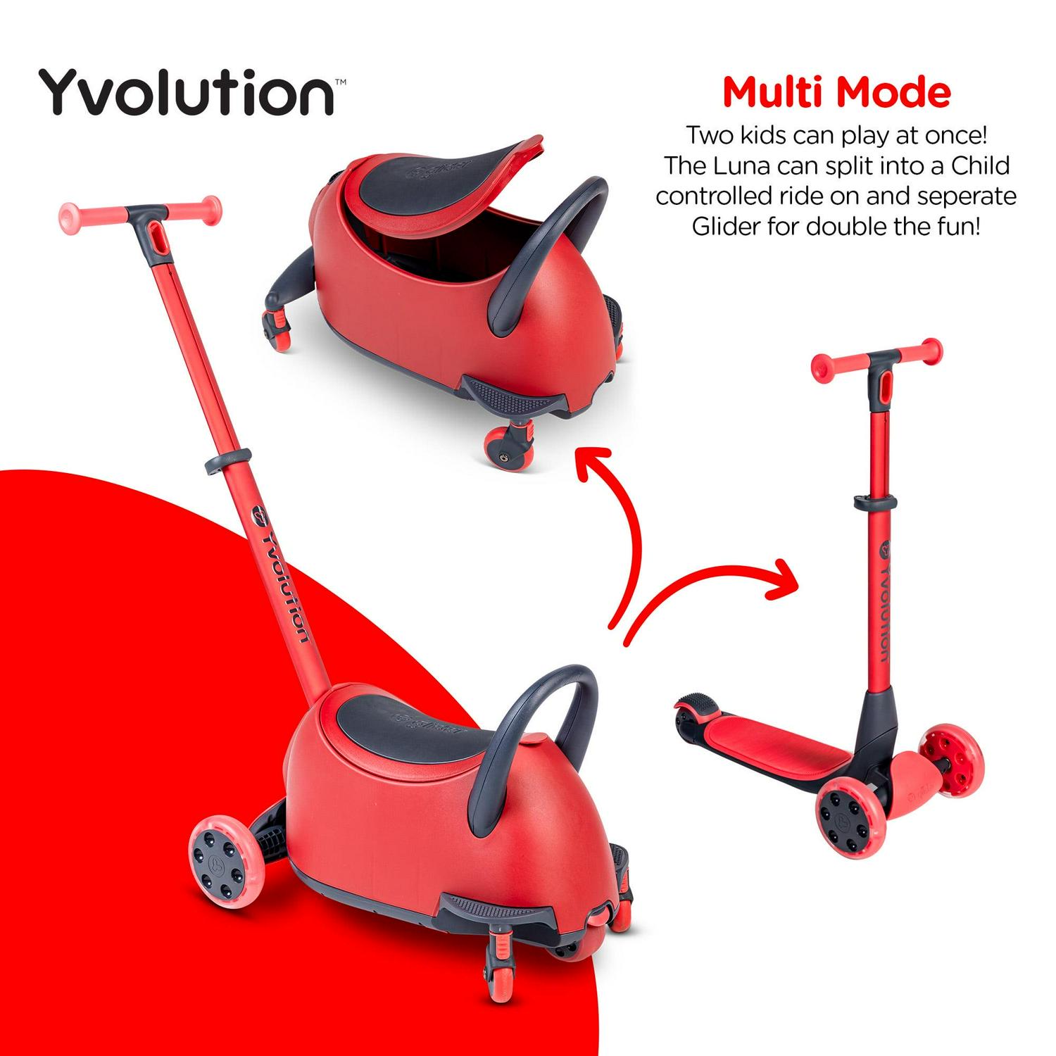 Yvolution Y Glider Luna, 3-in-1 Ride-on Toy to Kids Kick Scooter LED Light-up Wheels Red Unisex - Image 6