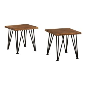 Zenith Outdoor Industrial Accent Table, Set of 2, Teak Finish, Rustic Metal