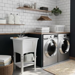 Zenna Home Utility Sink with Pull-Out Faucet: Laundry Tub Work Center, 24" W x 24" H Sink, in White