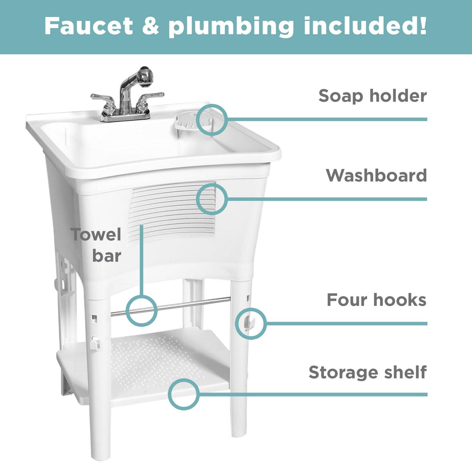 Zenna Home Utility Sink with Pull-Out Faucet: Laundry Tub Work Center, 24" W x 24" H Sink, in White - Image 2