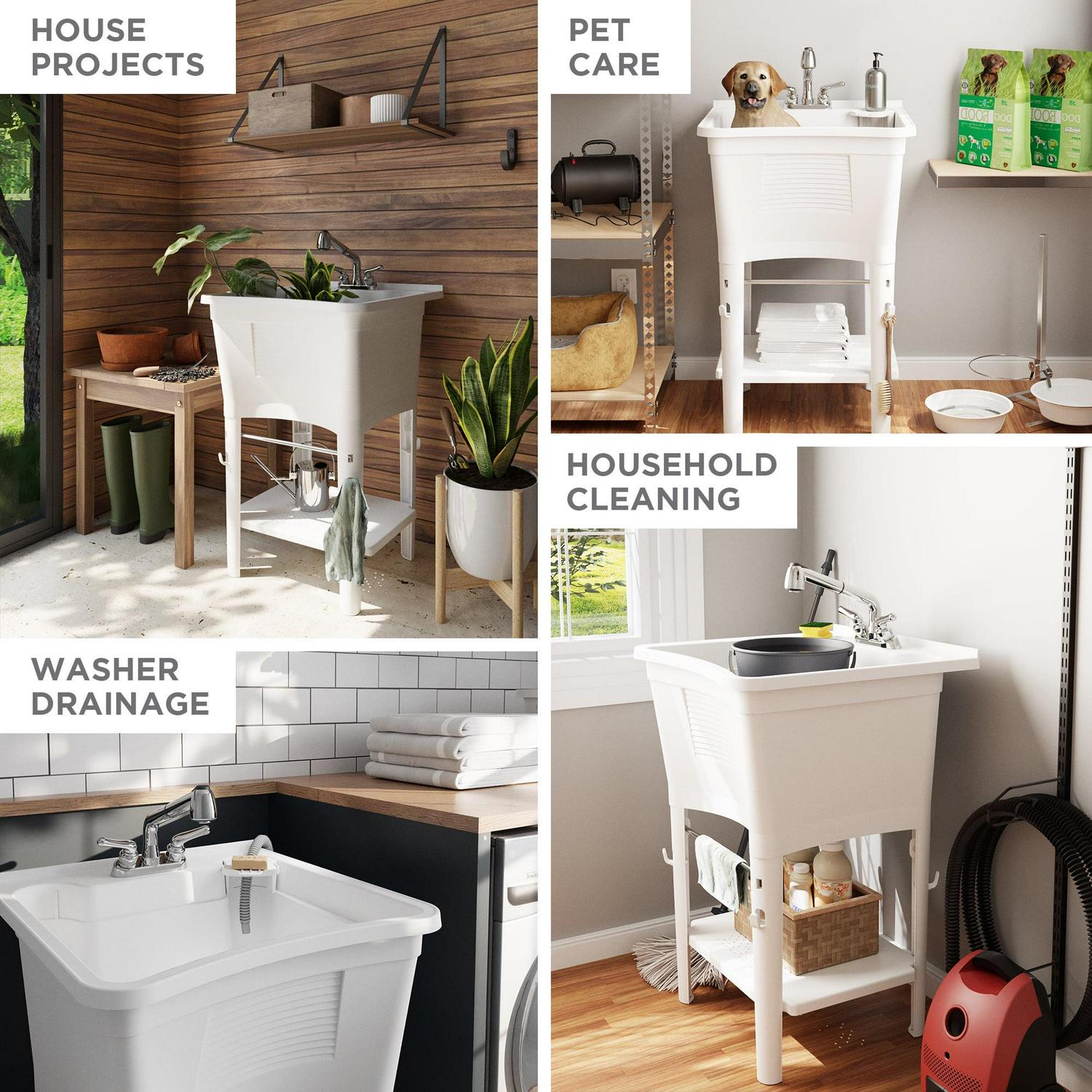 Zenna Home Utility Sink with Pull-Out Faucet: Laundry Tub Work Center, 24" W x 24" H Sink, in White - Image 3