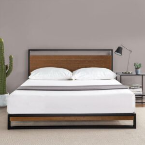 Zinus Suzanne 37" Metal and Wood Platform Bed with Headboard, Chestnut Brown, King