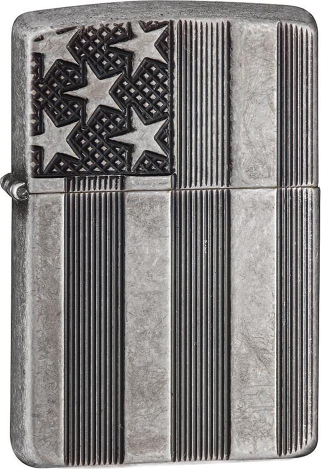 Zippo Armor Antique Silver Plate American Flag Pocket Lighter