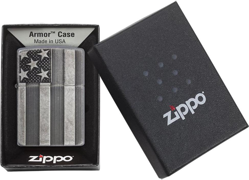Zippo Armor Antique Silver Plate American Flag Pocket Lighter - Image 5