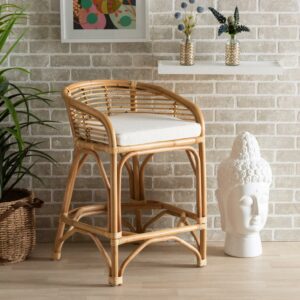 bali & pari Maverick Modern Boho White Fabric Upholstered and Brown Rattan Counter Stool