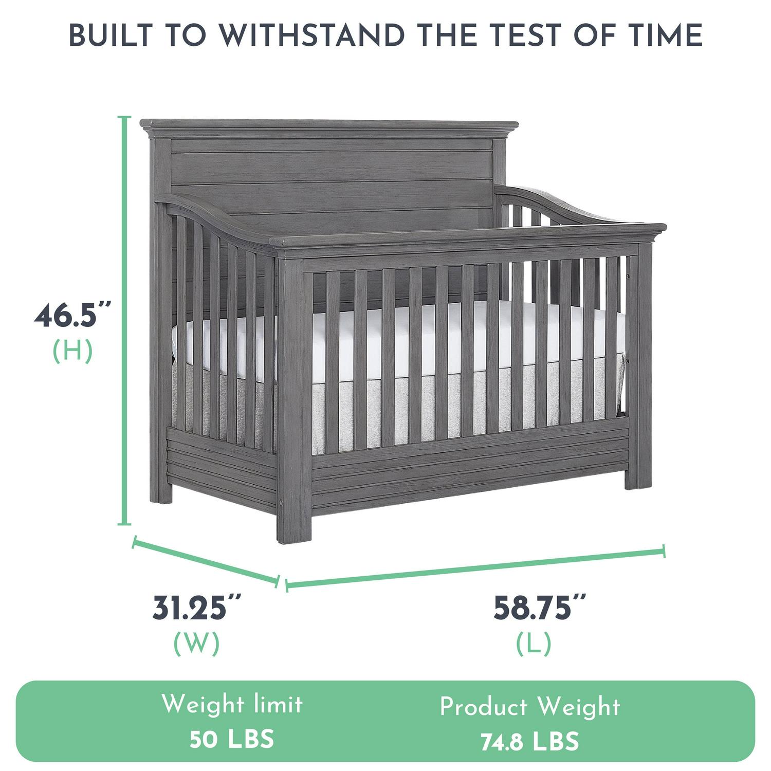 evolur Waverly 5-in-1 Full Panel Convertible Crib, Rustic Grey - Image 3