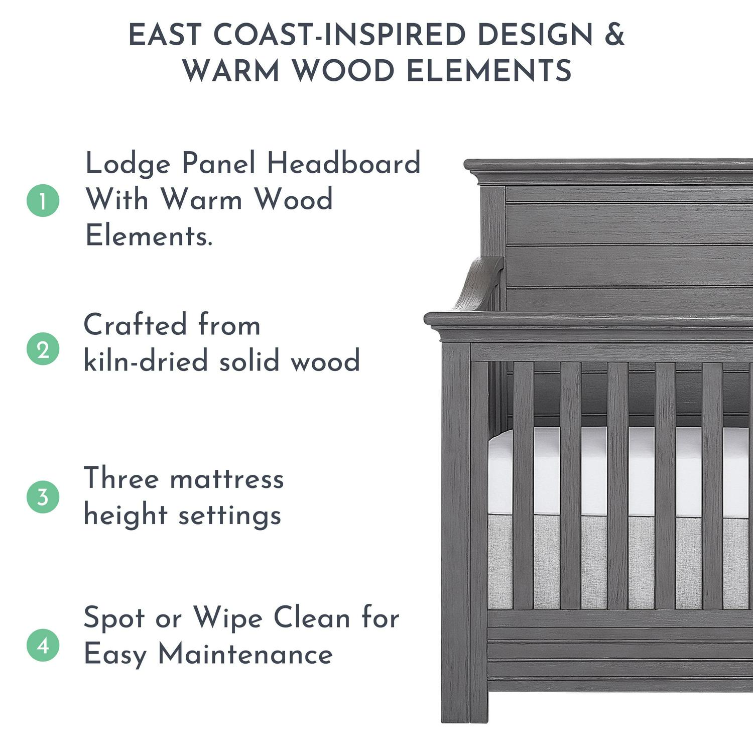 evolur Waverly 5-in-1 Full Panel Convertible Crib, Rustic Grey - Image 5