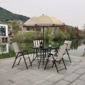 outdoor Patio funiture Santa Cruz 6 piece folding dining set with umbrella , table and 4pcs folding chairs, brown/white stripe