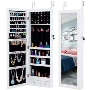 6 LED Lights Jewelry Armoire with Mirror Jewelry Cabinet, 43.3"H Lockable Wall/Door Mounted Jewelry Organizer White