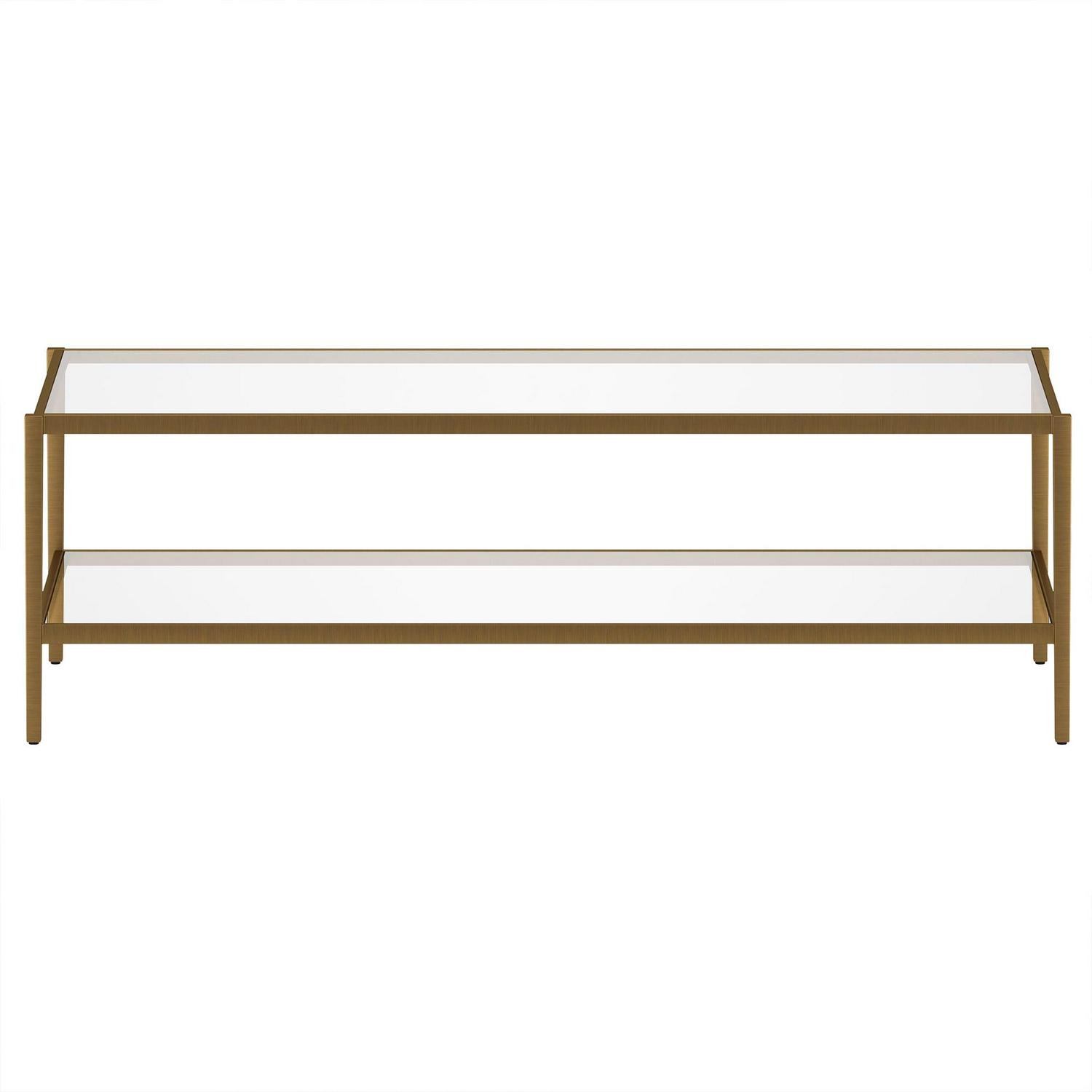 Evelyn&Zoe Hera 54" Wide Rectangular Coffee Table with Glass Shelf, Antique Brass - Image 4