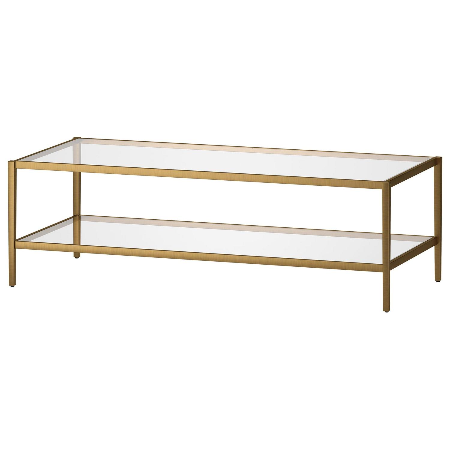 Evelyn&Zoe Hera 54" Wide Rectangular Coffee Table with Glass Shelf, Antique Brass - Image 7