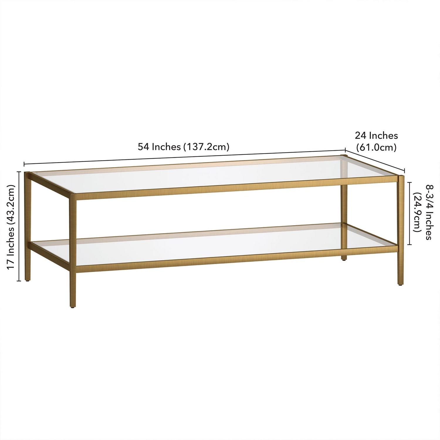 Evelyn&Zoe Hera 54" Wide Rectangular Coffee Table with Glass Shelf, Antique Brass - Image 6